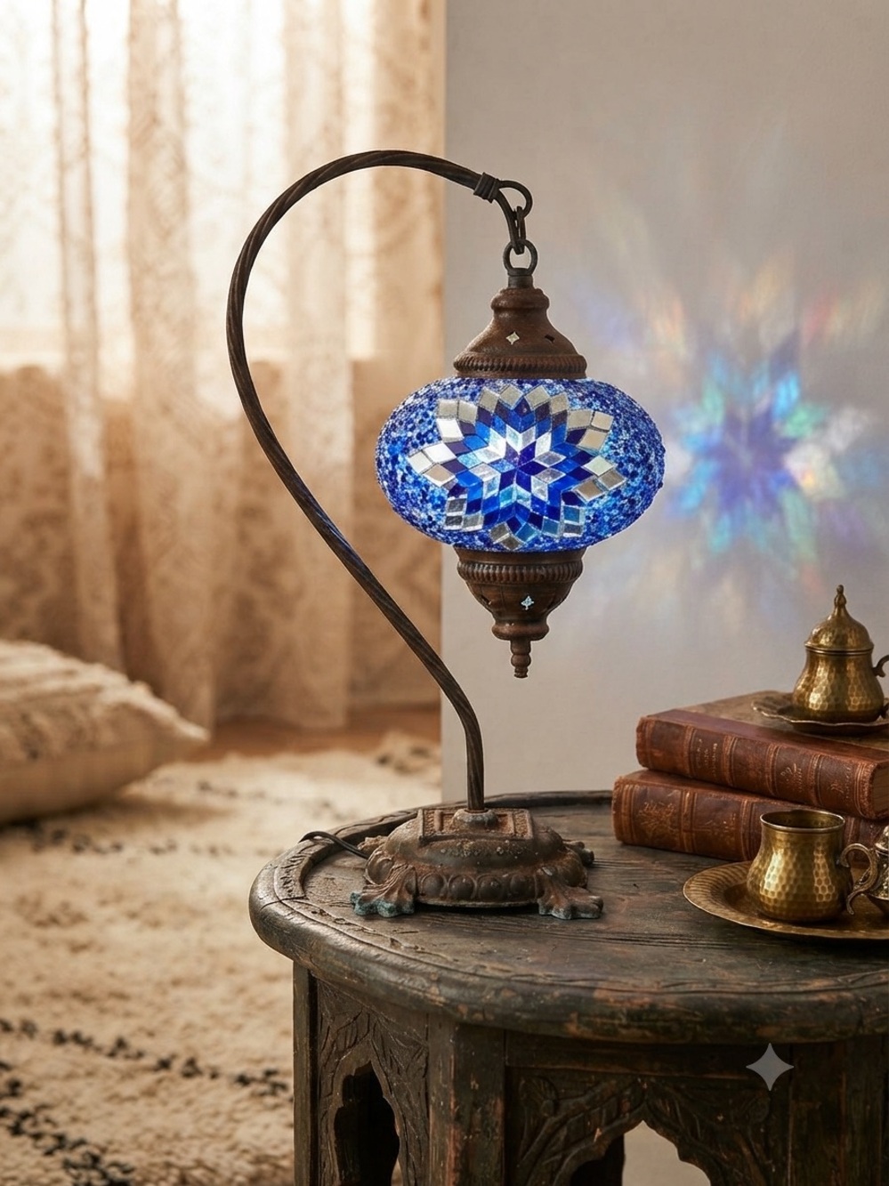 Turkish Moroccan Blue Mosaic Star Swan Neck Table Bedside Lamp Boho Chic